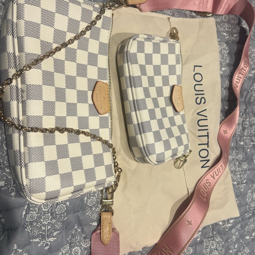 Louis Vuitton White and Gray Checkered Crossbody Bag Set